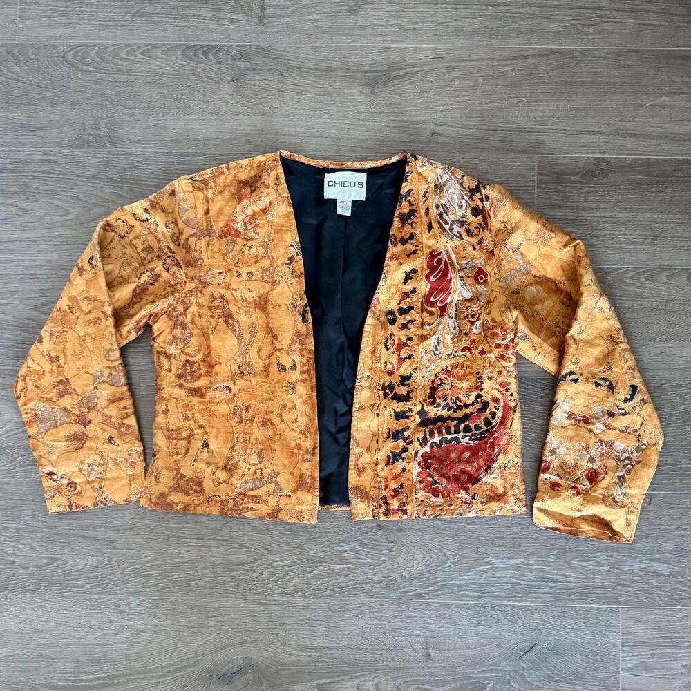 Chico's 100% Silk Jacket Lightweight Art to Wear Boho Pasisley No Closure Medium